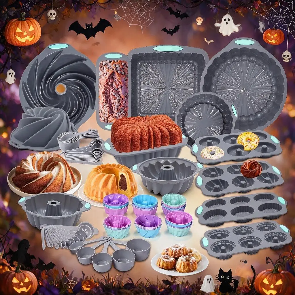 Halloween Themed 71/46/25‑Piece Silicone Baking Set, Non‑Stick Kitchen Baking Trays, Assorted Cake Pans, Dishwasher and Oven Safe, Halloween Party Baking Gift, SummerVibes Cupcake