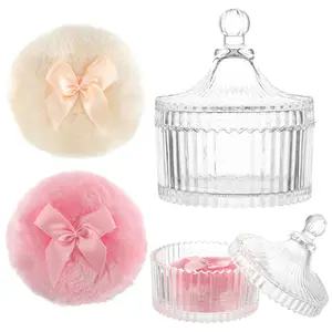 3 PCS Large Body Powder Puff and Container Powder Container with 2 Pcs 3.54 Inch Puff Soft Velour Reusable Washable Crystal Case Valentine's Day Gift for Face Body Glitter Makeup Wet Dry Use Set