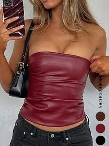Women's Solid Color PU Leather Tube Top, Bandeau Cropped Tops, Fashionable Strapless Top for Summer, Women's Clothing for Daily Wear, Womenswear