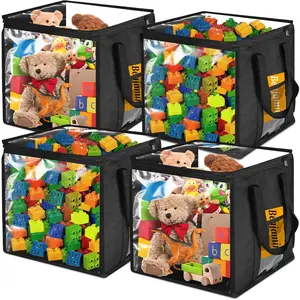 4 Pack Clear Toy Storage Bin with Lids - 12" x 12" Storage Cube Bin Foldable PVC Boxes with Handles, Storage Organizers for Toys, Blocks, Stuffed Animal Storage, Clothes (Black)