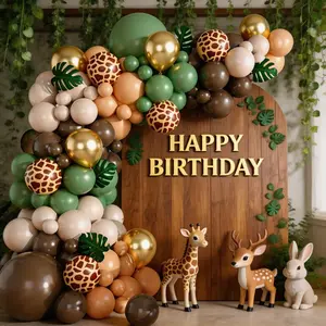 114pcs African Jungle Wildlife Zoo Balloon Garland Set, Sage Animal Print Balloons, Giraffe Theme Birthday Party Decorations