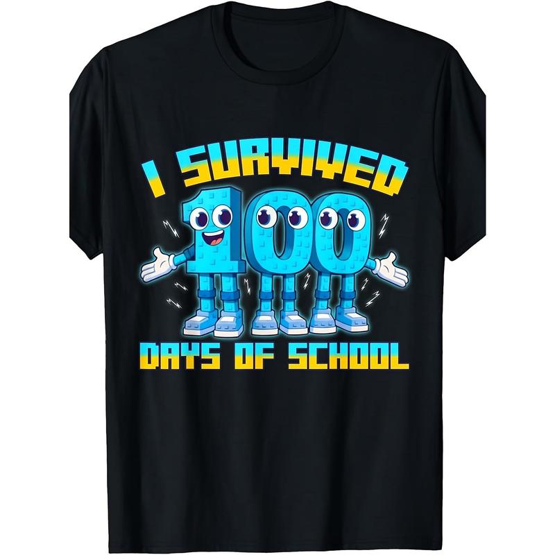 Funny Italian Brainrot Gaming I Survived 100 Days of School T-Shirt | Pure, Casual Style, Crew Neck, Geometric Pattern, Short Sleeve, Perfect for Boys and Girls, Sizes 120-160