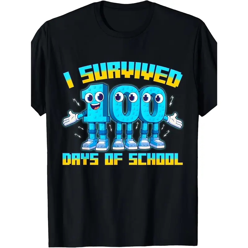 Funny Italian Brainrot Gaming I Survived 100 Days of School T-Shirt | Pure, Casual Style, Crew Neck, Geometric Pattern, Short Sleeve, Perfect for Boys and Girls, Sizes 120-160