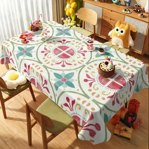 Primitive Bohemian Tiled Tablecloth, Hand-painted Pattern Tablecloth with Cream White Background and Pink-green Contrast, and Fresh Fabric Table Mat, Suitable for Spring Picnic, Bohemian Theme Party and Girl's Heart Room Decoration.
