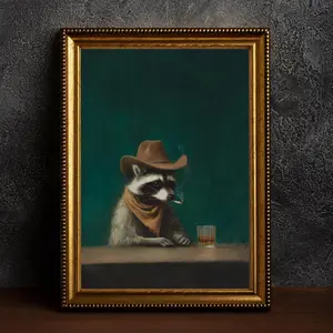 Smoking Raccoon Cowboy Wall Art, Vintage Funny Animal Home Decor, Moody Bar Lounge Poster