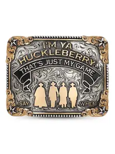 Huckleberry Belt Buckle Hand Engraved German Silver, Beaded Edge, Tombstone Western Figure, Star Accents, Western Style