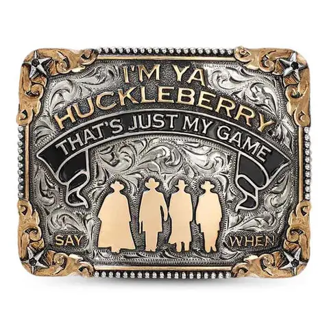 Huckleberry Belt Buckle - Hand Engraved German Silver, Beaded Edge, Tombstone Western Figure, Star Accents, Western Style Waist Accessories, Statement Belt Decorative Design Buckle, Decorative Buckle