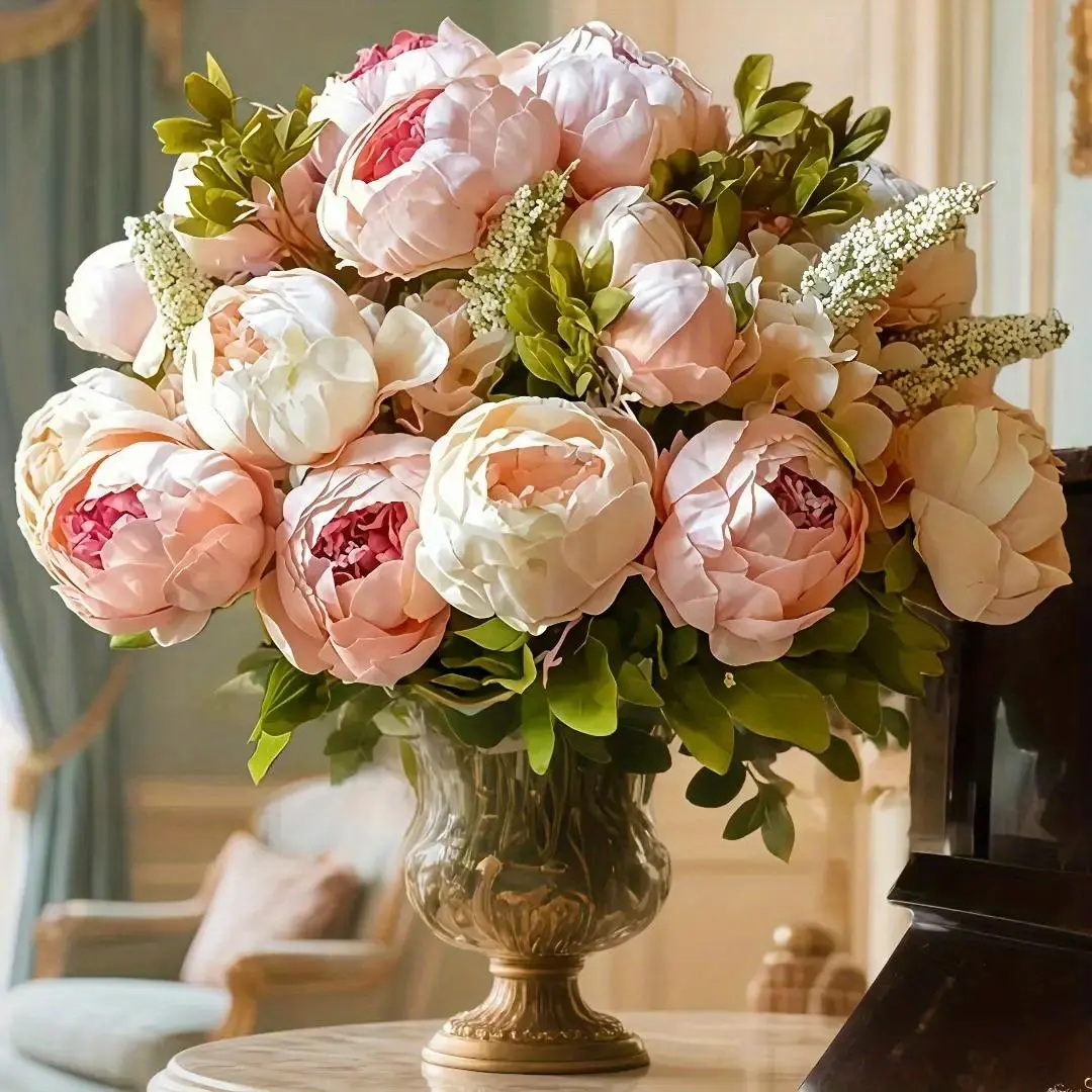 【Clearance Sale | Limited Quantities】1/2/3pcs 13-Head Decorative Faux Champagne Peony Bouquets, Artificial Blooms with 3D Flowers, Fade-Resistant Floral Decor for Indoor/Outdoor Home & High-End Weddings, Universal Setup Beautiful Bouquet (Home Supplies),