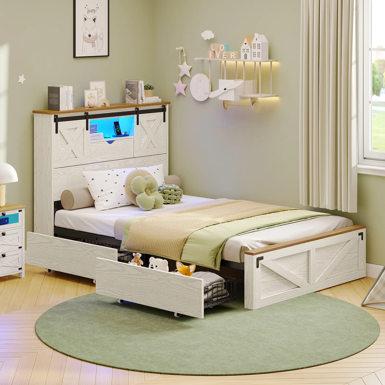 Hasuit Farmhouse Bed Frame with 2 Storage Drawers Rustic Wooden Platform Twin XL Bed with LED Lights and Charging Station