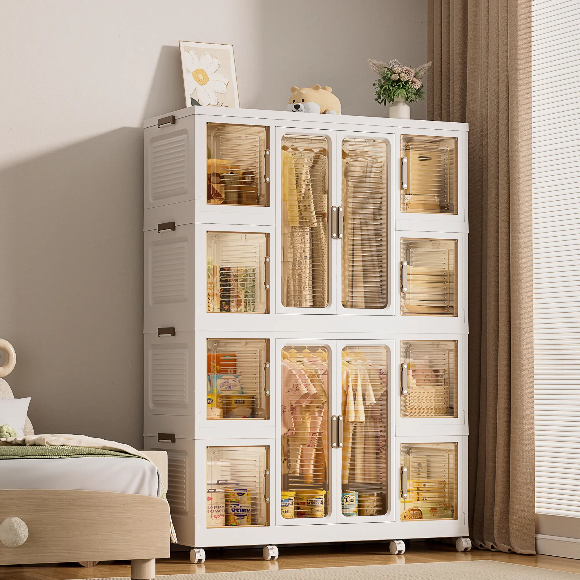 White Plastic Portable Magnetic Cube Wardrobe Closet - Quick-Assemble, Large 12-Cube, Safe Material, 12 Magnetic Doors, 2 Hanging Rods, 16 Hangers, Storage Organizer for Travelers