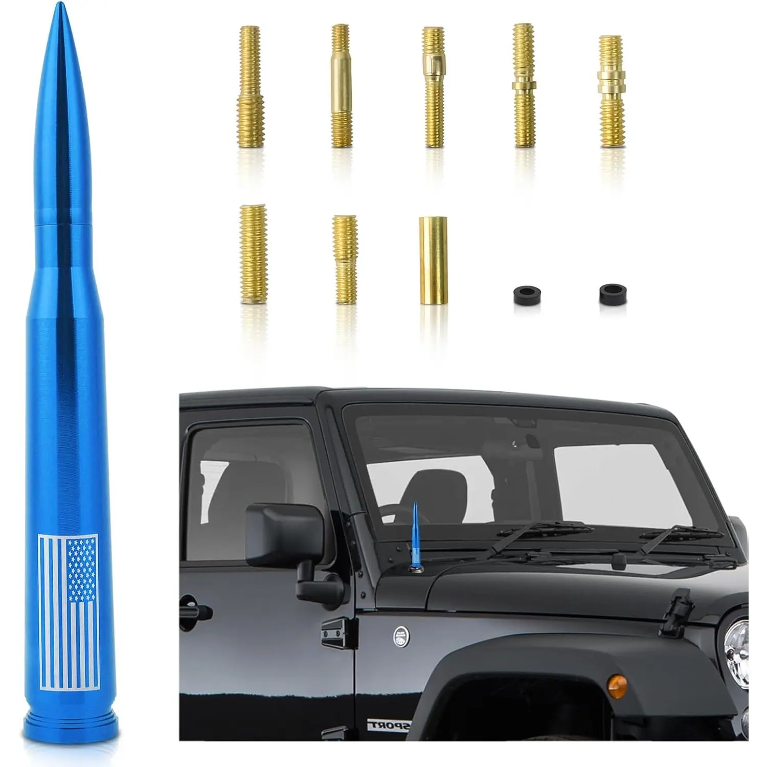KDO 7.8 in Bullet Shape Car Antenna, 7.8Blue Exterior Accessory with American Flag for Radio-Ready Trucks, SUVs, American Flag Exterior Accessory