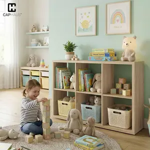 CAPHAUS Sturdy Room 13-Inch Cube Storage Organizer Shelf, with Extra Thick Exterior Edge, Open Storage Shelf Divider, Bookcase, 6-Cube / 8-Cube / 9-Cube, Natural Oak