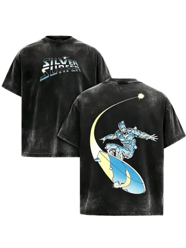 Silver Surfer Graphic T-Shirt, Unisex Acid Washed Oversized Cotton Streetwear Comic Tee, Ultra HD Print Superhero Casual Round Neck Top, Lightweight All Seasons Apparel, Off Campus Outfit, Me Core Fashion