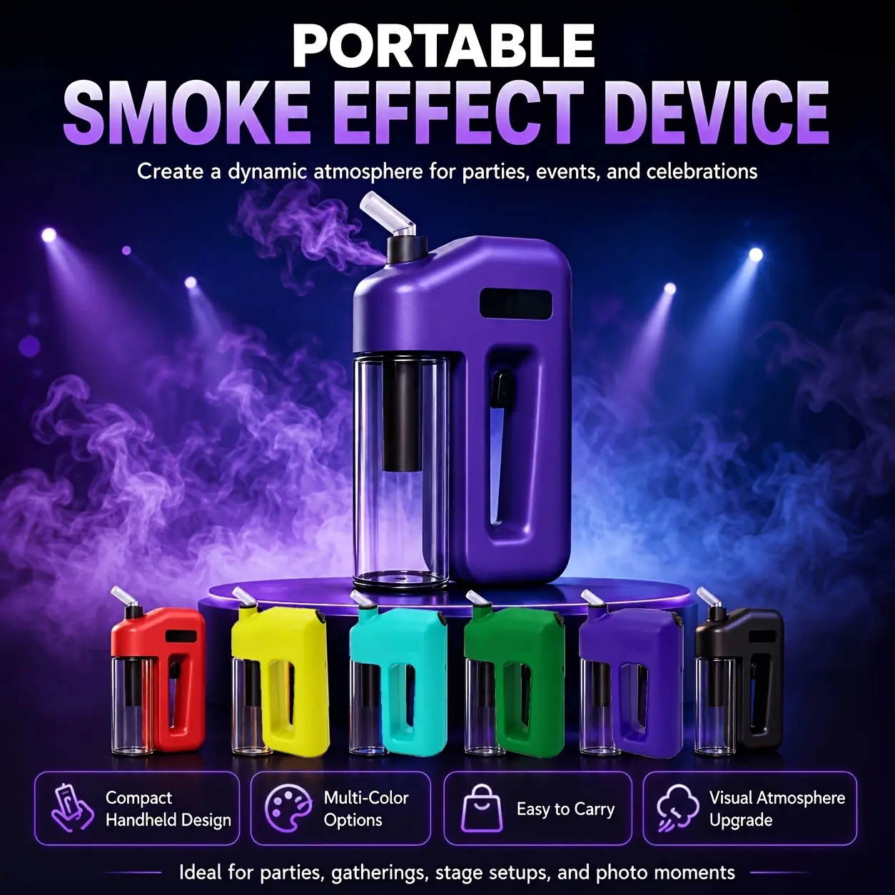 Portable Mini Fog Machine Suitable for Party, DJ, Wedding, Halloween & Photography - Handheld Smoke Generator with 6 Color Options, Rechargeable - Stage Fogger for Stage Effects, Smoke for Events, No Included
