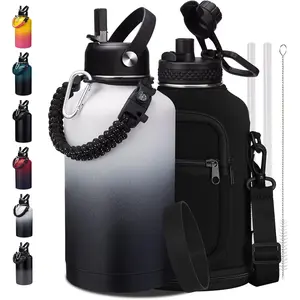 Half Gallon Water-Bottle with straw - 64oz Vacuum Insulated Water Bottles with Paracord Handle, Straw Spout Lids, Water Bottle Carrier Holder, Protective Cup Mat, 2 Liter Stainless Steel Water Jug