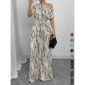 Women's All Over Print Tie Front Baggy Jumpsuit, Loose Casual Asymmetrical Neck Jumpsuit for Spring & Fall, Women's Clothes for Daily Wear, Womenswear, Lady Hippie Summer Jumpsuit, Casual Fitted Jumpsuit
