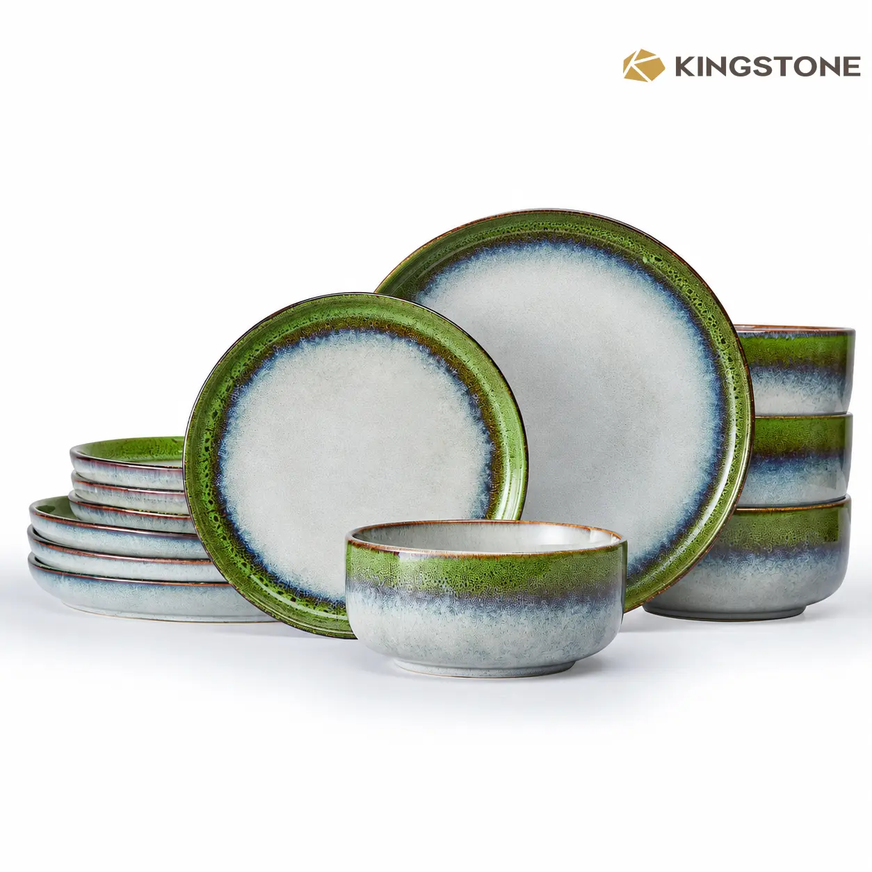 KINGSTONE Reactive Glaze Stoneware Dinnerware Set - Scratch-Resistant, Shatter-Resistant, Microwave-Safe, Dishwasher-Safe, Casual Nature-Inspired Kitchen Tableware, Dinner Sets,for Daily Use & Parties, Model 11404,11405,11407