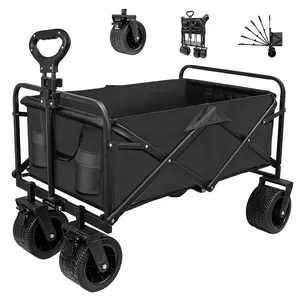 SZHLUX Collapsible Foldable Wagon,Beach Wagon with Big Wheels for Sand,Utility Grocery Wagon with Side Pocket and Brakes for Camping Sports Outdoor Activities Large Capacity