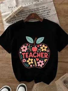 Red Short Sleeve T-Shirt- with Stylized Apple Pattern (Colorful, Red Heart, "TEACHER" Text, Pencil)- 220g, Unisex, Comfortable Fabric, Casual Wear, Perfect Gift for Teachers