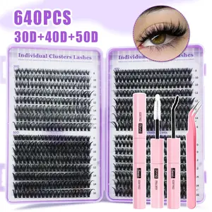 Eyelash clusters, Individual Eyelash Extensions, 30D+40D+50D combination, 640 pieces thick and dense slim cluster eyelash extension set, 8-16mm mixed natural D-type curl, simple DIY personal false eyelash wholesale boxed
