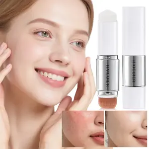 Two-In-One Brush Head Color Factor Three-Color Foundation Stick, Lightweight Moisturizing Blendable Natural No Powder Stuck, Thin Foundation Balm, Makeup