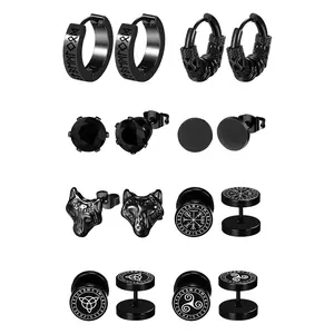 OIDEA Men's Viking Character Shaped Earrings, 8-Pair Stainless Steel Stud, Hoop & Huggie Earring Set, Norse Celtic Wolf Rune Costume Jewelry, Men's Earrings