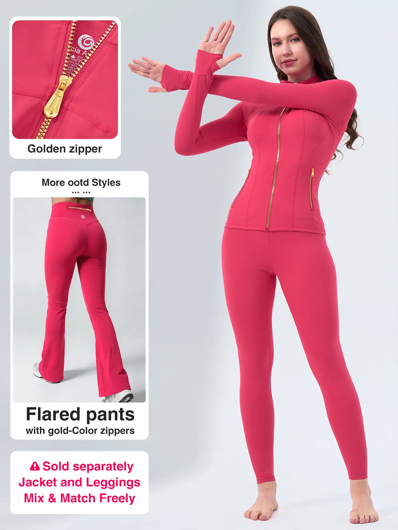 【Gold-Color zipper】Soft Brushed Women's Sporty Jacket, 25'' Inseam Leggings. Gold-Color zipper Jacket with Pockets, Yoga Pants, Thumbholes Design, Casual Wear for Women Sweat Suit Active Dresse Set Try it