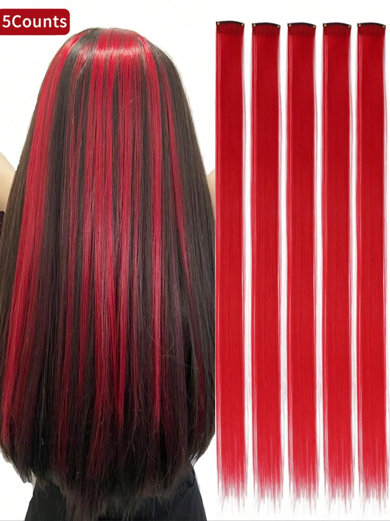 5 PCS Red/Blue Clip In Hair Extensions 20 Inch Long Straight Hairpieces, Synthetic Fiber Extensions, Clip In Synthetic, Lightweight Extensions, Halloween Cosplay Dress Up Party Christmas New Year Gift For Women Kids Girls Carnival Music Festival Use