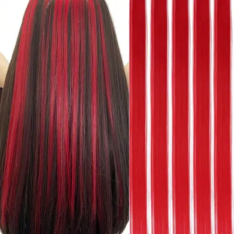 5 PCS Red/Blue Clip In Hair Extensions 20 Inch Long Straight Hairpieces, Synthetic Fiber Extensions, Clip In Synthetic, Lightweight Extensions, Halloween Cosplay Dress Up Party Christmas New Year Gift For Women Kids Girls Carnival Music Festival Use