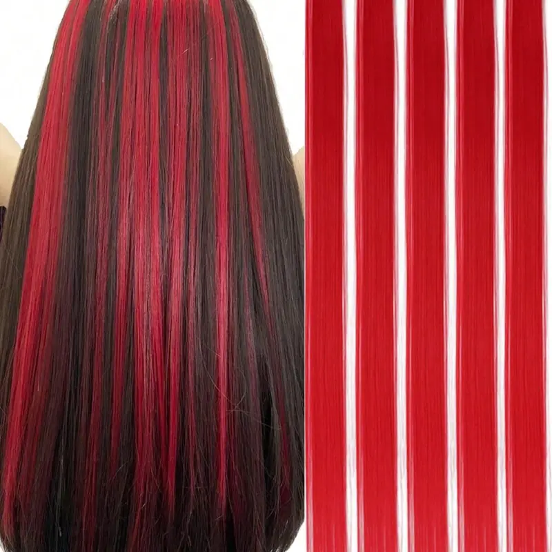 5 PCS Red/Blue Clip In Hair Extensions 20 Inch Long Straight Hairpieces, Synthetic Fiber Extensions, Clip In Synthetic, Lightweight Extensions, Halloween Cosplay Dress Up Party Christmas New Year Gift For Women Kids Girls Carnival Music Festival Use