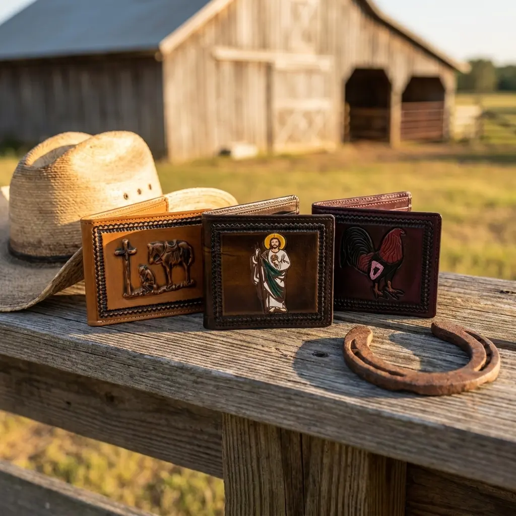Western Bifold Wallet for Men – San Judas, Gallo Rooster & Praying Cowboy – Hand Painted & Hand Tooled Genuine Leather Vaquero Cartera