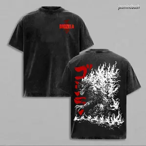 Godzilla Retro Vintage Oversized Washed T-Shirt Hoodie – Unisex Heavyweight Cotton Streetwear Pullover, Classic Movie Fan Hoodie, Gift for Men