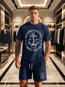 Men's Navy Elite Anchor Graphic 2 Piece Set, Micro-Elastic Breathable Fabric, Printed Tee & Matching Shorts, Casual Sailing Outfit For Men 18-45, Travel/Beach Use, Elastic Waist & Quick-Dry, Trendy Nautical 2026 Viral Menswear