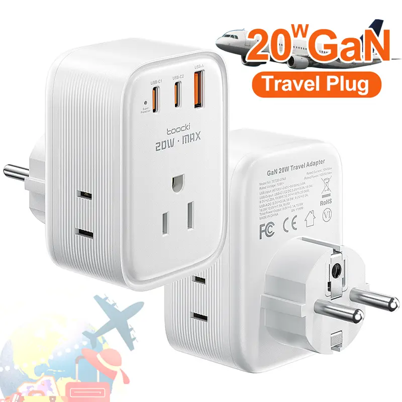 USA to Europe International Plug Adapter, Toocki Travel Adapter, (Single C port 20W Max, USB-A port 18W Max) with 3 AC, 2 USB-C, and 1 USB-A Port, Ideal for iPhone 15, iPad Air, and More,for USA to EU Germany France Iceland Italy  Greece fast charge