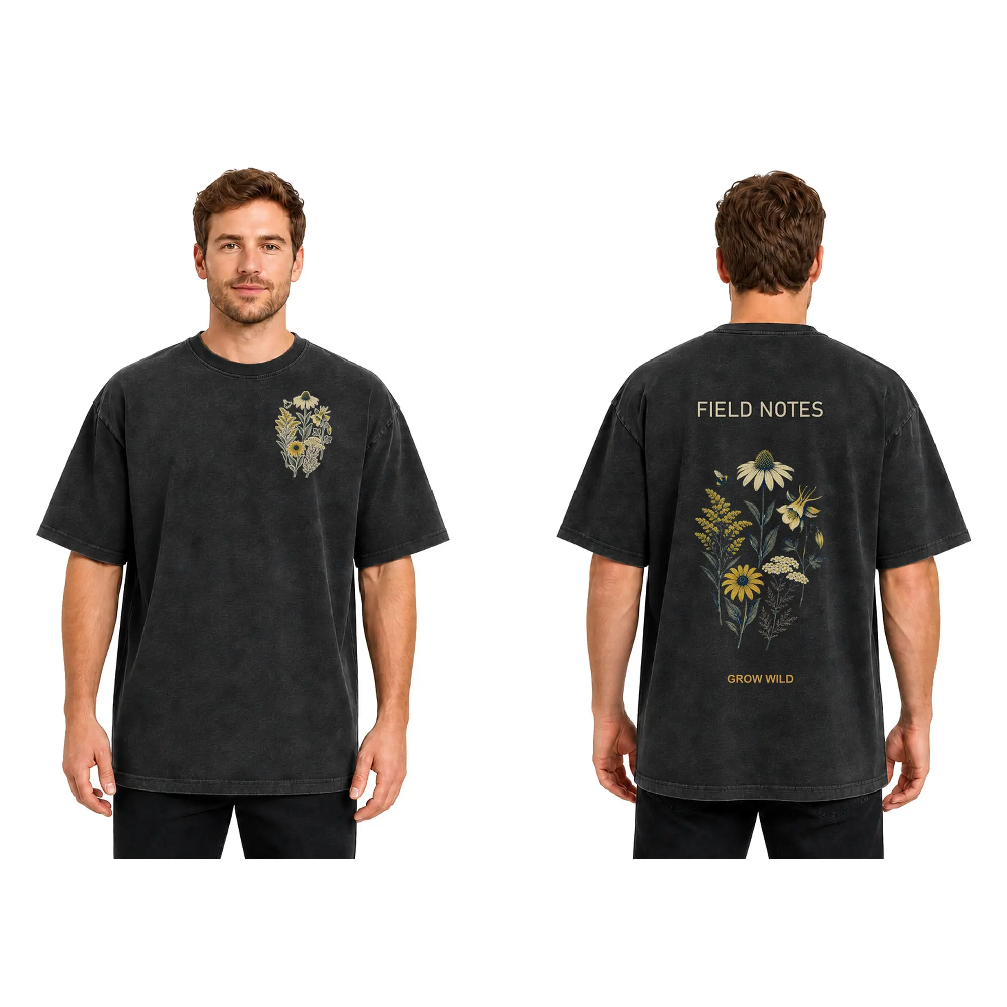 Vintage Wash Field Notes Botanical Graphic Tee Men's Oversized Dark Grey T-Shirt Nature Inspired Grow Wild Floral Back Print Casual Streetwear Short Sleeve Top Aesthetic Outdoor Clothing Summer Essential, Apparel, Shortsleeve, Round Neck, Classic, Cotton,
