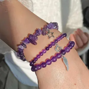 3 Piece Natural Crystal Bracelet Set Jewelry for Women Girls Handcrafted Bohemian Star Moon Feather Design Elegant Layered Accessory