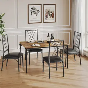 5 Piece Dining Set for 4, Industrial Farmhouse Rectangle Table, PU Leather Padded Chairs and Bench, Compact Space Saving Heavy Duty Furniture for Apartment or Dining Room