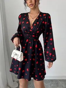 New Women's Sexy V-Neck Gathered A-Line Bubble Puffed Long Sleeve Heart Print Casual Party Dress, Slim-Fitting Ruffle Design