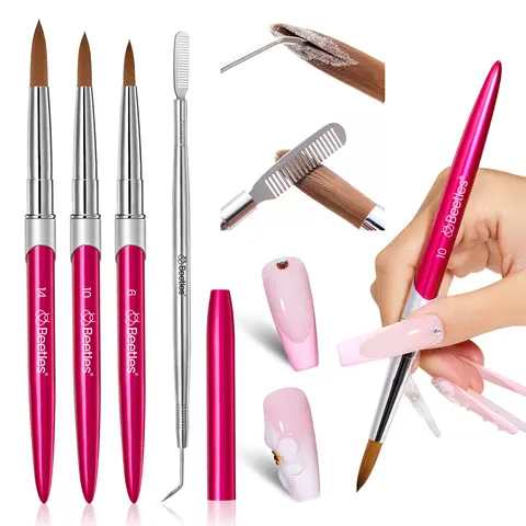 Beetles 3pcs Metallic Smooth Steel Kolinsky Acrylic Nail Brush Set (Sizes 6/10/14) with Cleaner Tool, Nail Tech Supplies, Easy Apply Set Pack for Acrylic Powder, Extension, 3D Carving - Home/DIY Manicure Tool