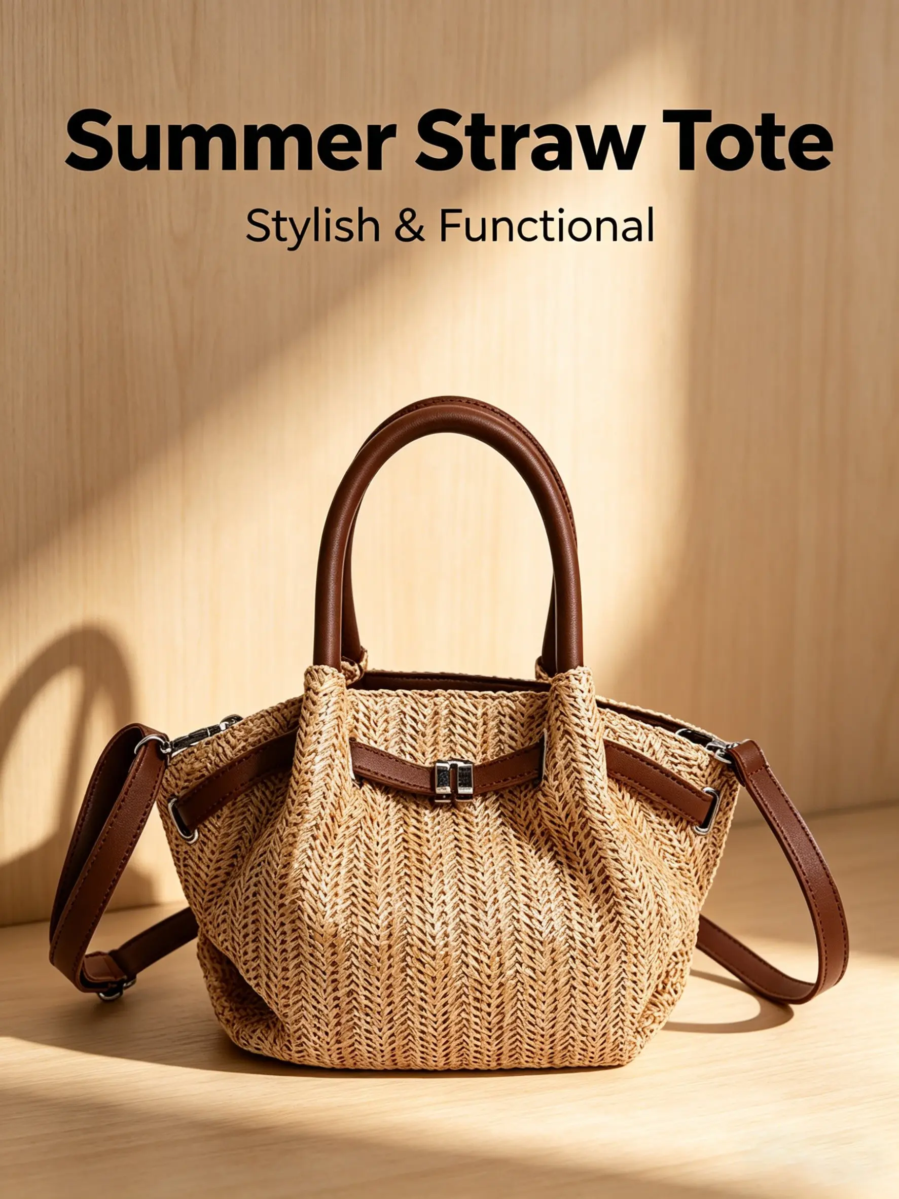 1pc Premium Woven Straw Handbag | Leather Trim & Convertible Strap | Luxury Summer Tote Bag for Vacation & Daily Use, Fashionable Straw Bag, Boho Style Handbag, Bohemian Handbag, Elegant Straw Bag
