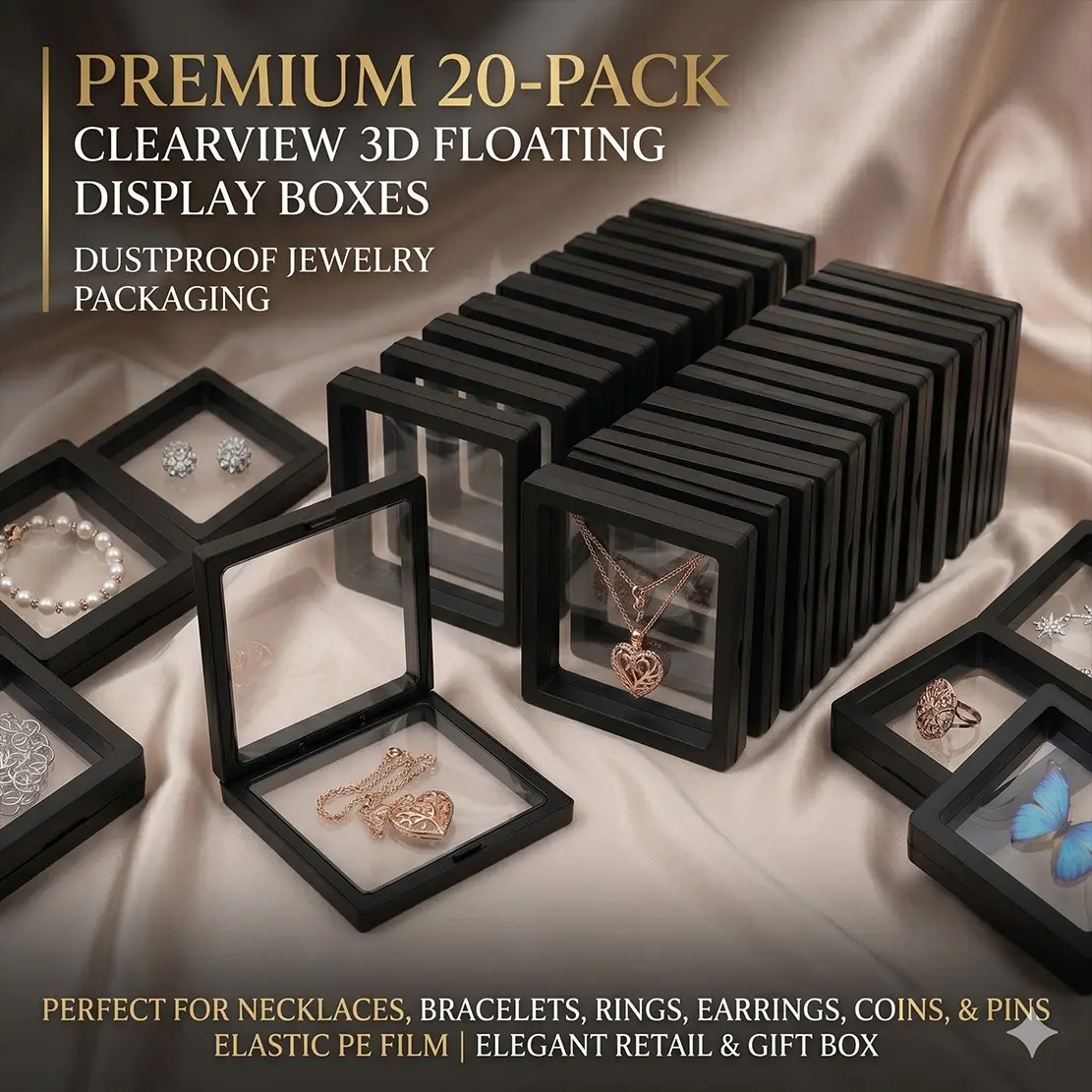 20 Pack Clearview 3D Floating Display Box, Dust-Proof Jewelry Packaging, Transparent Hanging Storage Box for Necklaces, Bracelets, Rings, Coins, Earrings, Pins, Dustproof Plastic Organizer, Display Container, Dust Free Organizer, Clear Plastic Organizers
