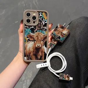 Cute Cow Pattern Phone Case with Charger Saver & Cable Protector & Storage Rope, Anti-drop Cellphone Protective Case, Total Protective Shockproof Mobile Phone Cover for iPhone, Casing