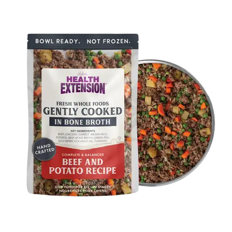 Health Extension Gently Cooked Beef & Potato Complete Meal Dog Food - 9oz Refrigerate Pouches, Natural Bowl-Ready Food with Bone Broth Base, Goji + Turmeric, Rosemary, Coconut Oil, Sage, Thyme, Vitamins, Inulin, Potassium Chloride, Boosts Immunity