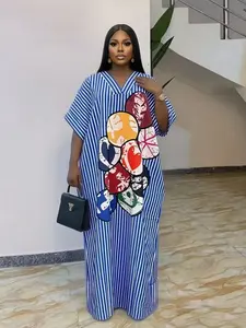 African Nigerian Style Women's Dress Womenswear, Striped Casual Wear V-Neck, Plus Size Loose Elegant Daily Short Sleeve Summer Beach Party Robe 2026