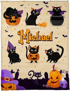 Zocoshi Custom Halloween Blanket, Personalized Fall Blanket, Cat Blanket, Pumpkin Cat Blanket, Fall Cat Blanket, Spooky Blanket