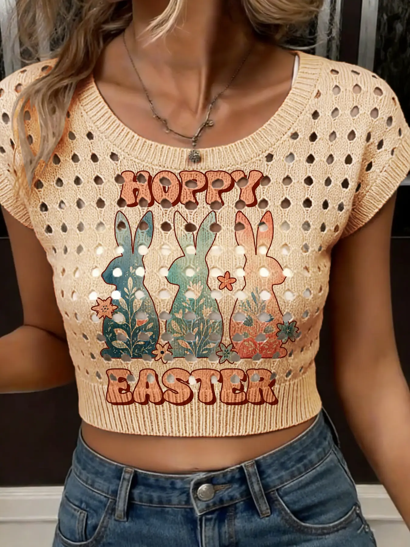Women's Easter Cartoon Rabbit Letter Print Round Neck Short Sleeve Knit Sweater, Casual Breathable Hollow Out Design, All Seasons Wear