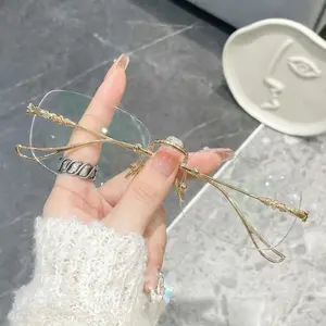 Luxury Metal Frameless Reading Glasses, Intricate Engraved Temple Anti-Blue Light Eyewear, Elegant Daily Fashion Accessory