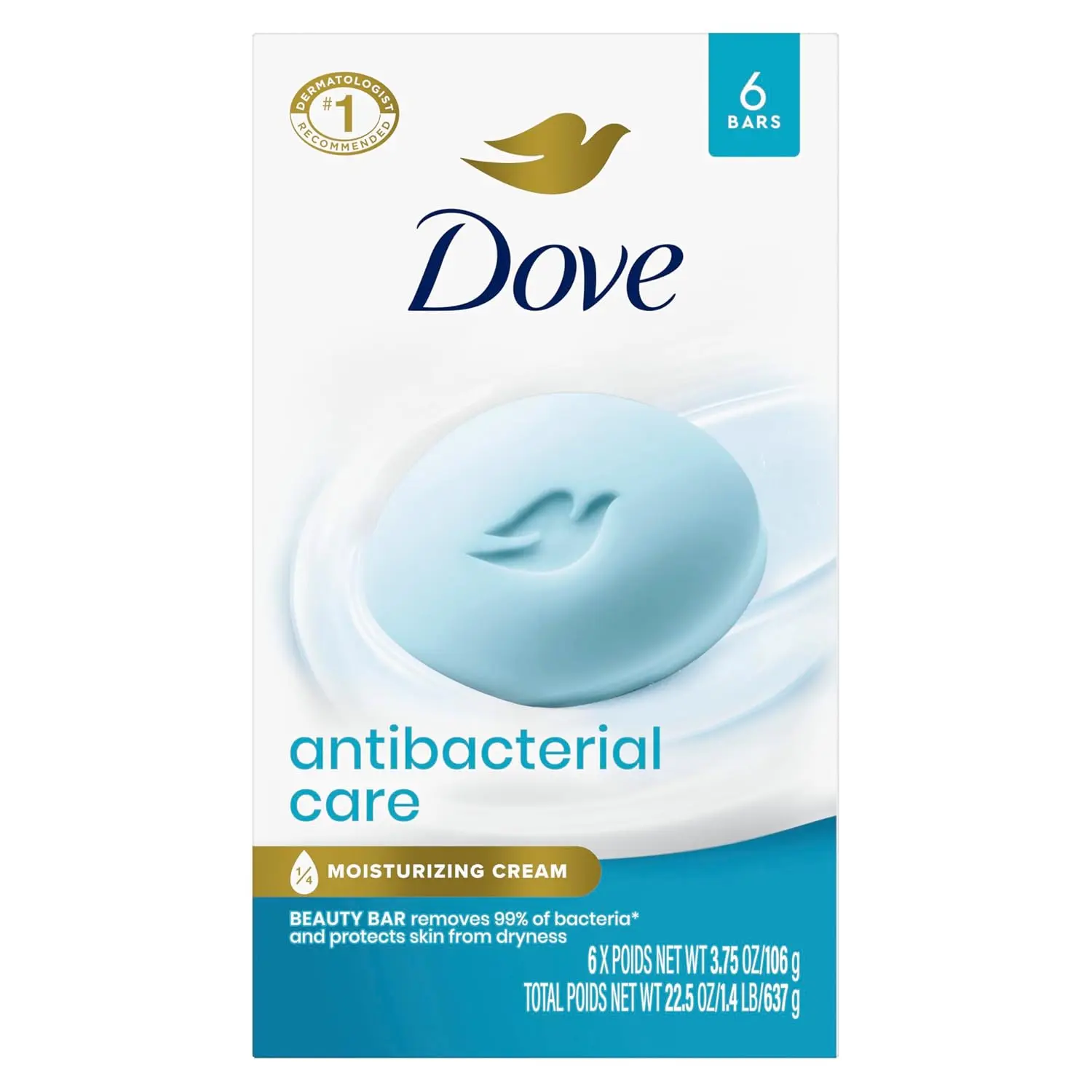 Antibacterial Glycerin Body Care Beauty Bar Soap - Smooth, Hydrating Cleansing Moisturizing Cleanser with ¼ Cream, Removes 99% Bacteria, Protects from Dryness, 6x3.75 oz, Dry Skin