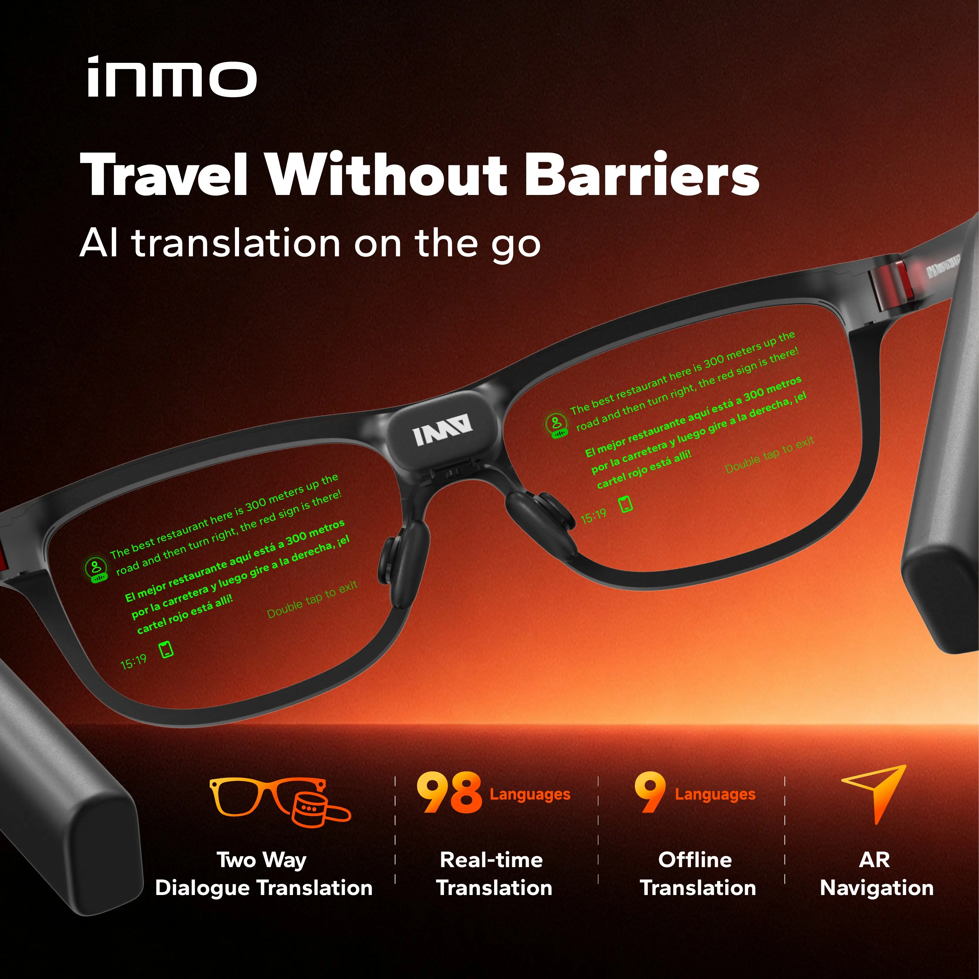 INMO GO3 AI Smart Glasses - Classic Shape Metal Frame, Bluetooth, Touch Screen, Voice Control, Dual-Eye Display, 98-Language Real-Time/Offline/Photo Translation, Teleprompter, AR Navigation, Swappable Battery, Hands-Free Wearable Tech for Travel, Business