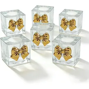 6-Pack Glass Taper Candle Holders with  Bow, Clear Square Candle Stick Holders for Taper Candles, Elegant Glass Candle Holders for  Decor, Wedding, Valentine's Day, Christmas, Dining